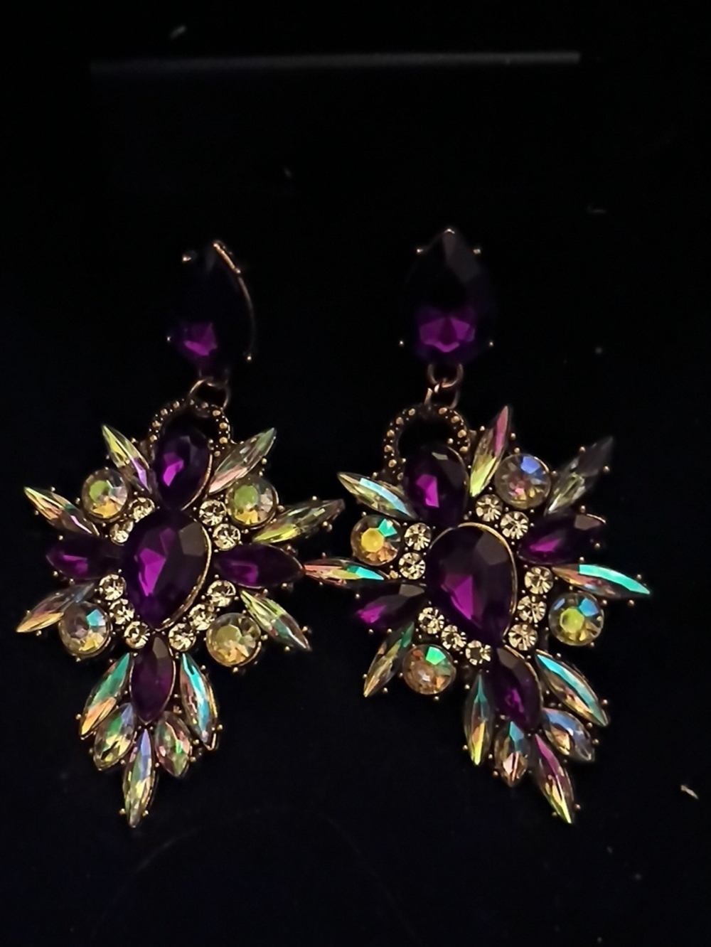Gold-Tone Purple Crystal Teardrop Statement Earrings
